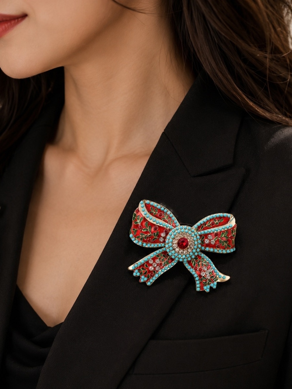 Vintage Style Enamel Bow Brooch Pin Red, Turquoise & Gold Rhinestone accents